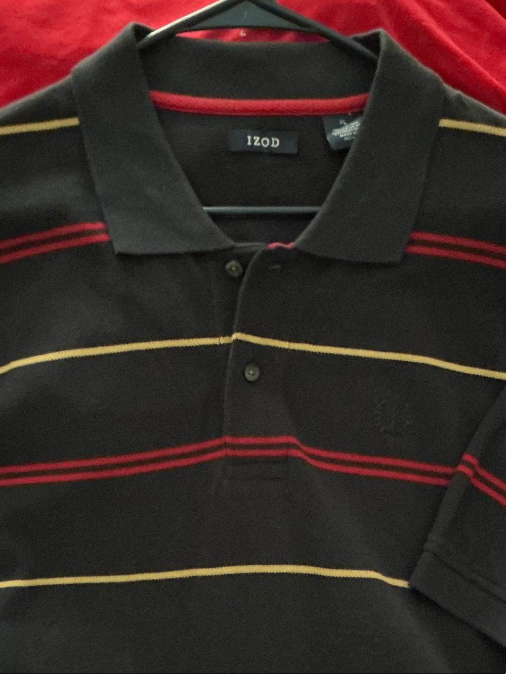 Izod Black Polo with Red and Yellow Stripe Accents